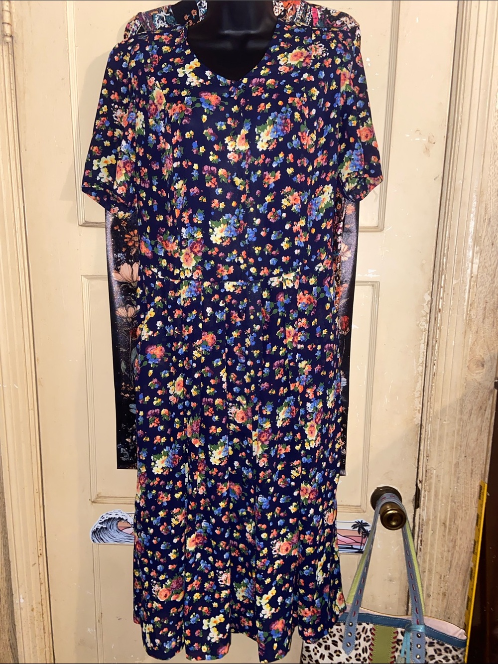 VTG NAVY FLORAL DROP WAIST DRESS Button Front Pleated LESLIE FAY